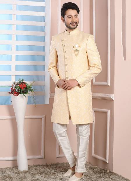 Yellow Colour Party Wear Mens Jaquard Silk Indo Western Collection 1673